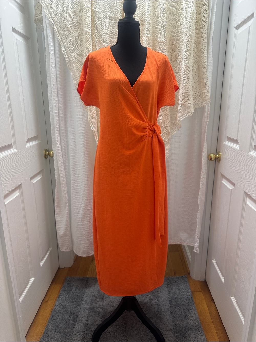 Joie de Vivre Women’s Orange Wrap Midi Dress with Side Tie